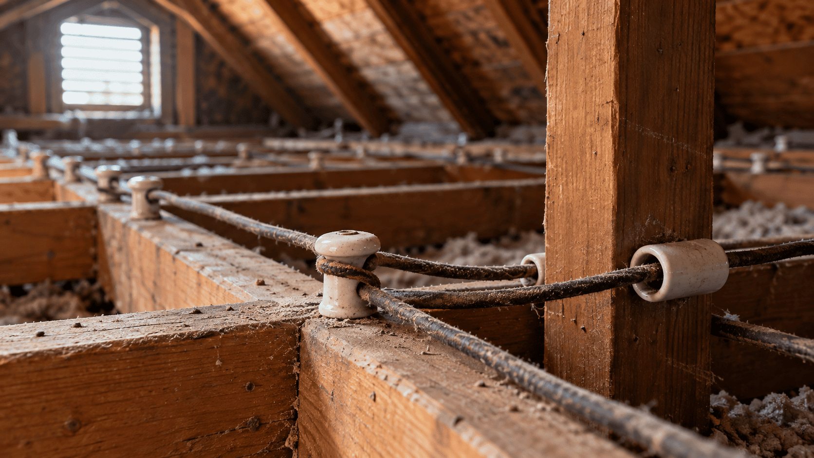 Single wires on porcelain knobs and tubes along attic joists, an example of knob and tube wiring in an older home