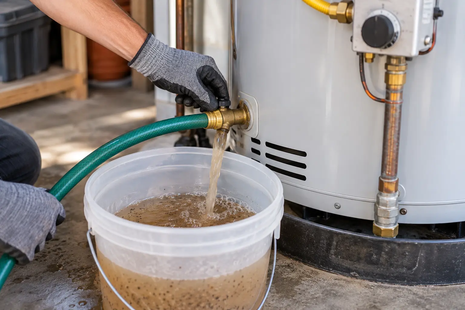 Garden hose draining sediment-filled water from a water heater into a bucket